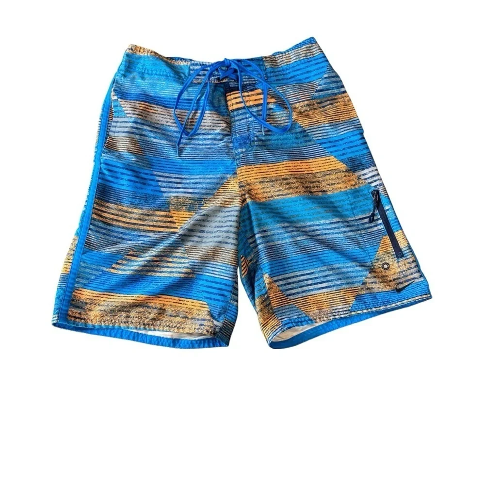 Nike Mens Board Shorts Small Blue Orange Swim Trunks Lined Drawstring Zip Pocket